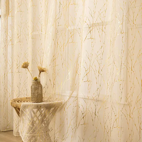 Deeprove Cortinas traslúcidas color beige de 63 pulgadas de largo, 2 paneles, con impresión de ramas de árbol doradas en papel metálico para