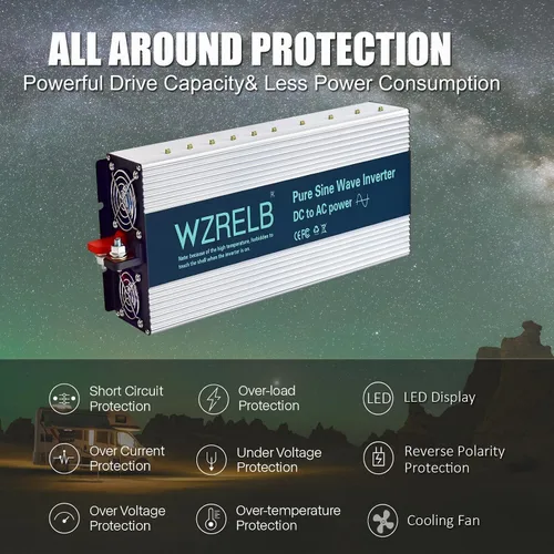 Miniatura 6 de WZRELB 2500W Inversor de onda sinusoidal pura 12V DC a 110V 120V AC con pantalla LED, terminal de cableado duro, inversor de potencia portátil fuera