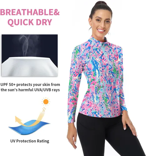 Miniatura 10 de WOWENY Camiseta deportiva de manga larga para mujer, con cremallera de un cuarto, cuello para entrenamiento, camiseta de tenis con estampado