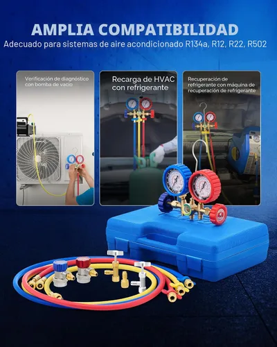 Miniatura 4 de Orion Motor Tech Medidores de CA, juego de manómetros de CA para refrigerante R134a R12 R502, coche de 3 vías con mangueras de 5 pies acopladores