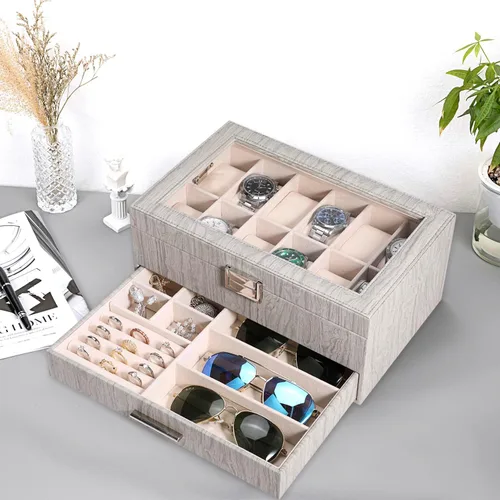 Miniatura 6 de Voova Caja Organizadora de Relojes y Joyas para Hombres y Mujeres, Estuche de Almacenamiento de Relojes de Cuero con 12 Compartimentos, Soporte