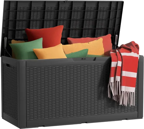 Miniatura 16 de Caja de almacenamiento impermeable para exteriores de 180 galones, caja de resina resistente a los rayos UV con varilla hidráulica para mayor 2-Gris