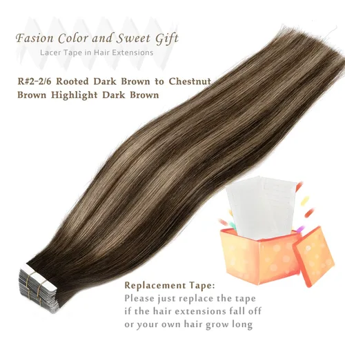 Miniatura 5 de Lacer Extensiones de cabello humano con cinta, cabello humano castaño mezclado con marrón oscuro con raíces de color marrón oscuro, invisible