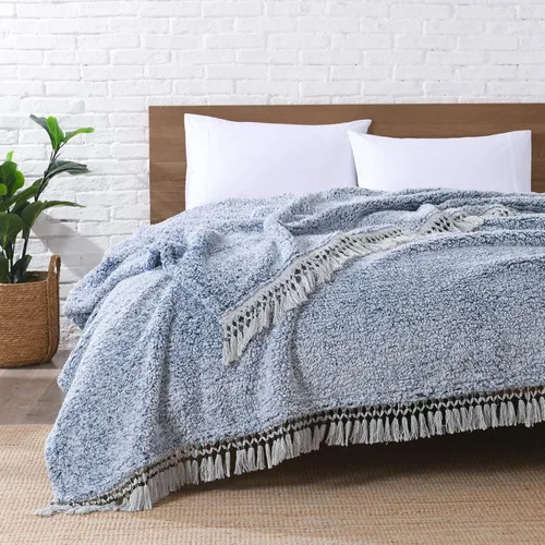Miniatura 19 de Manta Sherpa de forro polar ultrasuave, tamaño Queen, manta de cama bohemia ligera y acogedora con borla decorativa, patrón reversible, 2 tonos