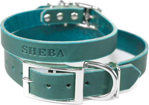 Miniatura 10 de Collar de perro de cuero de brida personalizado hecho a mano, nombre de mascota grabado, herrajes en tono níquel/plateado (marrón desgastado)