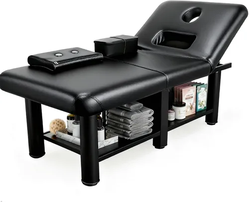 Mesa de masaje estacionaria de 32 pulgadas de ancho, cama de masaje resistente de 2000 libras, cama de pestañas con respaldo ajustable, cama de spa
