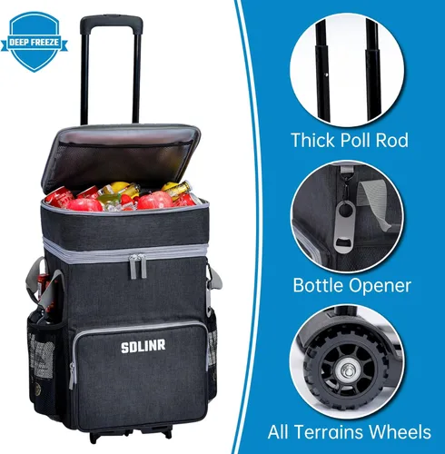 Miniatura 4 de SDLINR Hielera grande rodante de 72 latas, bolsa de enfriador suave aislada a prueba de fugas con ruedas y asa plegable para playa, camping, patio