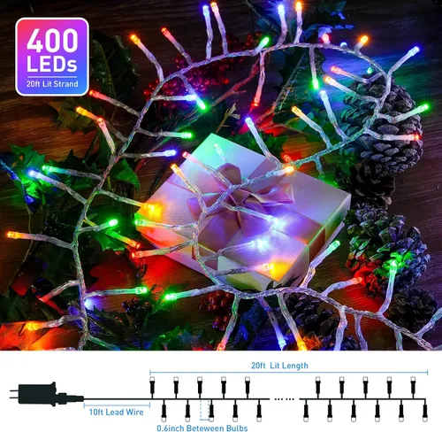 Miniatura 7 de JMEXSUSS 400 luces LED multicolor en racimo enchufables, luces de cadena navideñas de 20 pies para exteriores impermeables con control remoto, 8