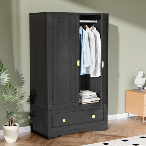 Miniatura 12 de VINGLI Armario Ropero Acanalado con Puertas y Cajones, Gabinete Armario con Barra para Colgar, Armario de Dormitorio de Madera de Roble, Armario