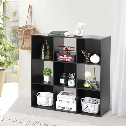 Miniatura 4 de Organizador de estantes de almacenamiento de 9 cubos, unidad de organización de estantería de madera, estantes de cubo para el hogar, oficina, Negro