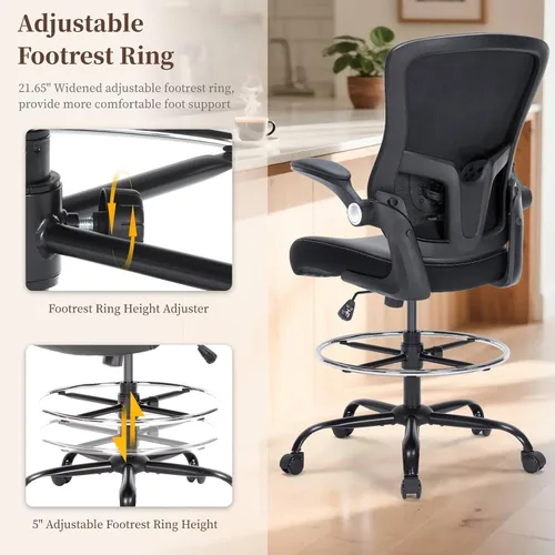 Miniatura 6 de Silla de dibujo, silla de oficina alta con asiento de piel sintética, silla de escritorio ergonómica de pie con soporte lumbar, silla de oficina