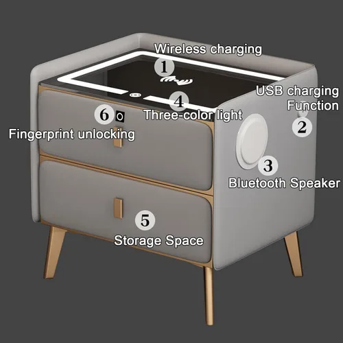 Miniatura 3 de Mesita de noche de carga inteligente, mesa de noche con Bluetooth, mesita de noche LED, modernas mesas de noche con 2 cajones de bloqueo de huellas