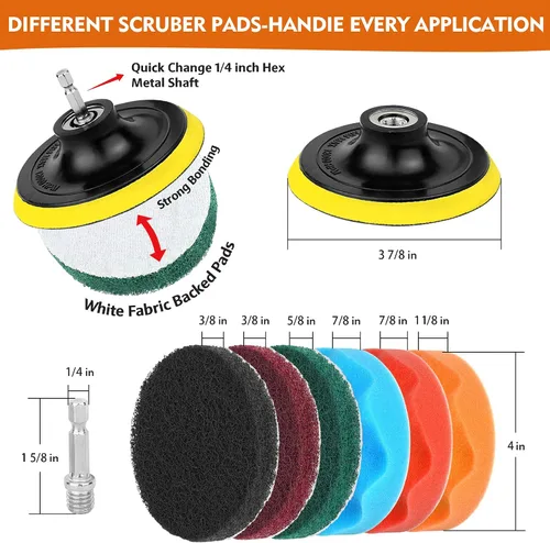 Miniatura 4 de Accesorios para cepillos de taladro, 20 almohadillas de limpieza y cepillo de esponja con varilla larga extendida multiusos para lechada, superficie