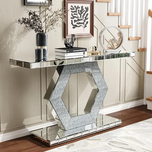 Miniatura 14 de Henf Escritorio de tocador con espejo para dormitorio, mesa de tocador de maquillaje, mesa de sofá con 2 cajones de diamantes sintéticos, moderno