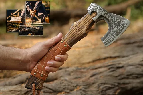 Miniatura 6 de Hacha Vikinga de 13 Pulgadas - Hachetas y Hachas con Mango de Madera de Fresno y Envoltura de Cuero, Hacha para Partir Leña, Hacha de Campamento