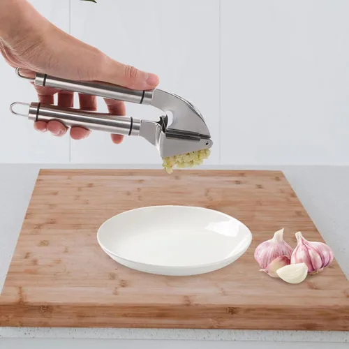Miniatura 4 de Prensa de ajo de acero inoxidable, trituradora manual de ajo y pelador, dispositivo de cocina, operación sin esfuerzo, elegante herramienta