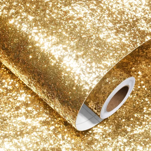 Decotalk Papel tapiz dorado con purpurina para pegar y despegar de 17.7 x 120 pulgadas, papel de pared dorado para despegar y pegar, papel de Oro