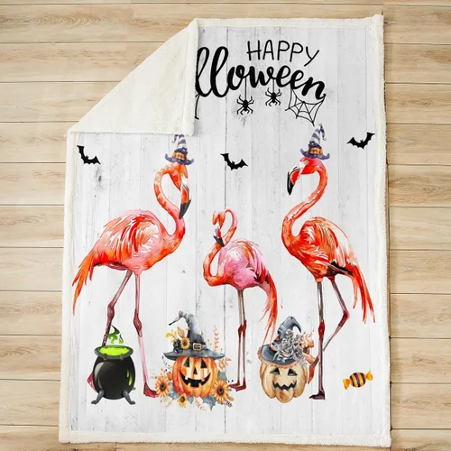Miniatura 2 de Manfei Manta de Halloween de flamenco rosa para sofá, manta de otoño con hojas de girasol y calabaza para decoración de habitación de niños y niñas