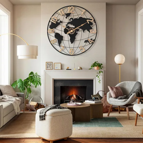 Miniatura 5 de Pytha Sight Reloj de pared grande de 24 pulgadas, reloj decorativo moderno y silencioso de metal con mapa mundial para decoración de sala de estar