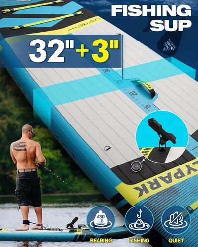 Miniatura 3 de Flypark Tabla de remo inflable de 10'8/11'x35'' para pesca y familia, tabla de remo inflable extra ancha, 430 libras, 3 personas, tabla de remo