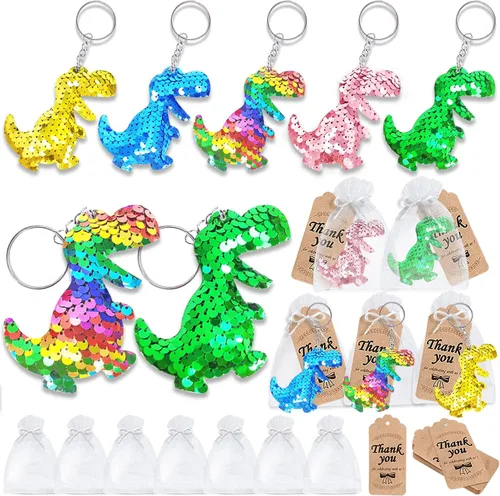 CiciBear Paquete de 60 juegos de fiesta de dinosaurio de doble cubierta con lentejuelas con 20 llaveros, 20 etiquetas de agradecimiento y 20 bolsas
