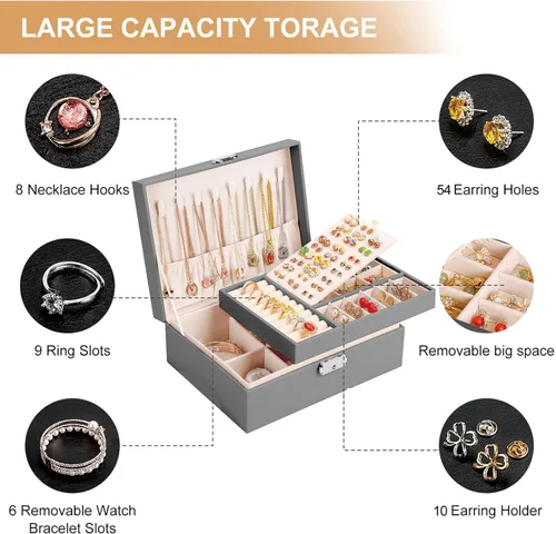 Miniatura 4 de Joyero para mujeres y niñas, 2 capas de cuero, organizador de joyas de viaje, estuche de almacenamiento con cerradura y bandeja extraíble