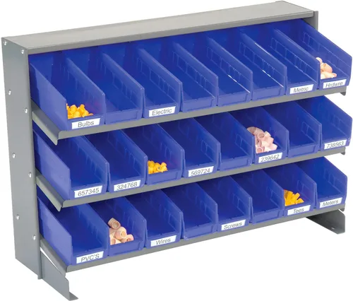 Miniatura 2 de Global Industrial Estante para banco de 3 estantes, (24) 4" W contenedores azules, 33x12x21