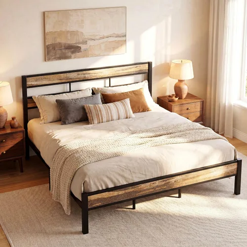 LIKIMIO Base de cama California King con cabecero, fácil montaje, sin ruido, no necesita somier, marcos de soporte de metal resistentes y pesados,