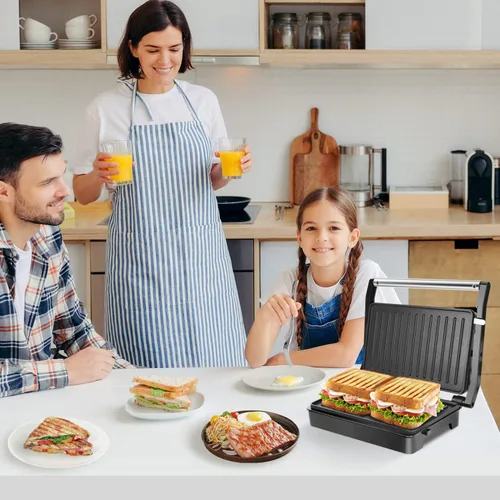 Miniatura 6 de Aigostar - Sandwichera Panini Press de 1000 W con placas revestidas antiadherentes, luz indicadora, tapa de bloqueo, mango de tacto fresco, parrilla