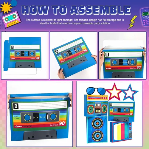 Miniatura 4 de Weekgrat Juego de 7 piezas de decoraciones de fiesta de los años 80 y 90 en 3D, juego de recuerdos de hip hop, cajas de casete de papel para retro