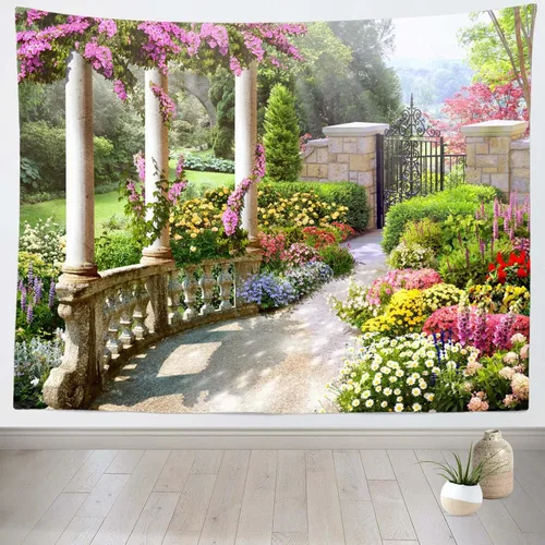 Miniatura 2 de BELECO Tapiz romántico de jardín secreto de primavera para colgar en la pared, 60 x 40 pulgadas, coloridas flores en flor, plantas verdes, tapiz