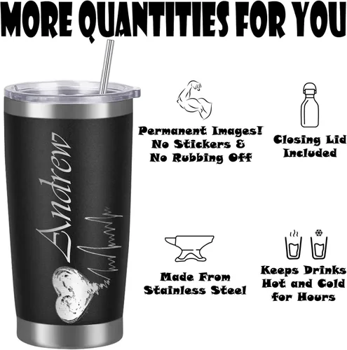 Miniatura 4 de Vasos personalizados con tapa y pajita, vaso aislado personalizado grabado con nombre, vaso de café de acero inoxidable, regalos para hombres y Negro