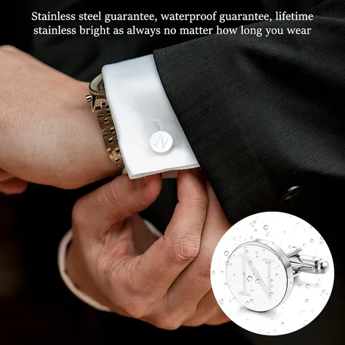 Miniatura 10 de LOYALLOOK - Gemelos de acero inoxidable grabados con inicial y clip de corbata, diseño de letras del alfabeto con caja de regalo, A-Z
