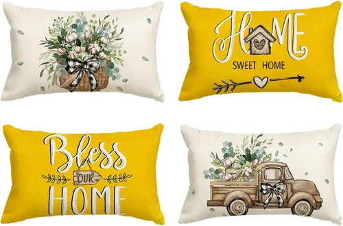 Miniatura 9 de AVOIN colorlife - Fundas de cojín estilo granja con mensaje Bless Our Home, diseño de hojas de eucalipto y camión azul Home Sweet Home, 16 x 16