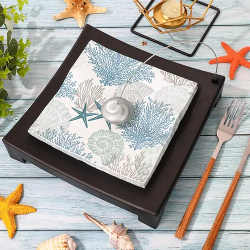 Miniatura 3 de AnyDesign 100 servilletas de papel de océano desechables con estrellas de mar y conchas de coral, servilletas de almuerzo con temática del mar