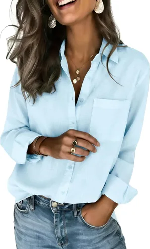 Miniatura 10 de Zeagoo - Blusas de lino con botones para mujer, de gasa, algodón, manga larga, blusas informales con cuello, corte holgado