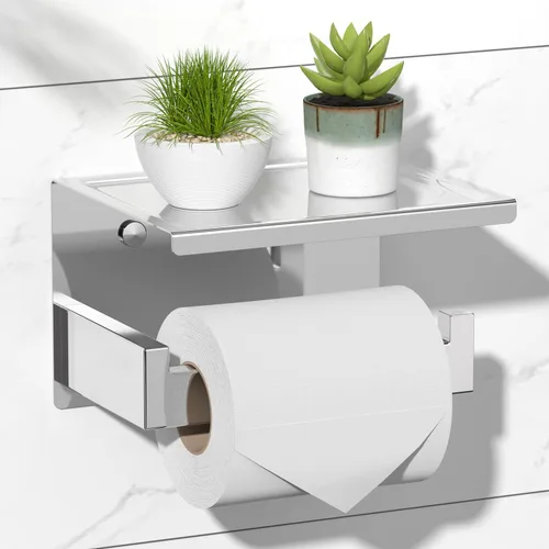 HITSLAM Soporte de papel higiénico con estante, soporte para rollo de papel higiénico cromado autoadhesivo o montaje en pared con estante de