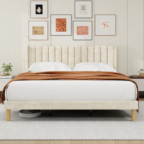 Miniatura 28 de alazyhome - Marco de cama tapizado de plataforma tamaño Queen con cabecera, soporte de listones de madera, sin ruido, fácil montaje, terciopelo beige