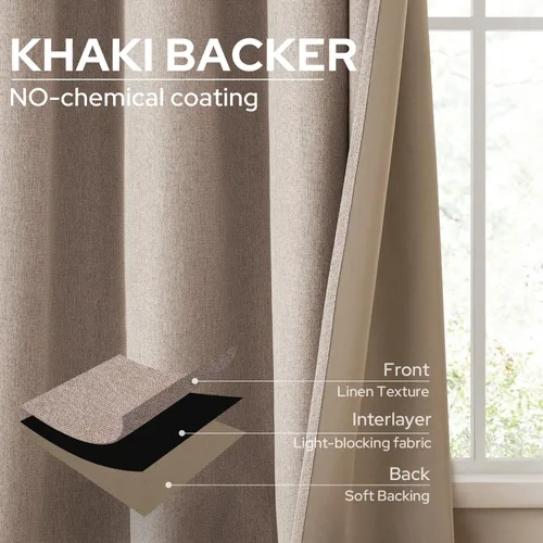 Miniatura 5 de HOMEIDEAS Cortinas 100% opacas beige de 63 pulgadas de largo, mezcla de lino con textura de oscurecimiento, cortinas con aislamiento térmico