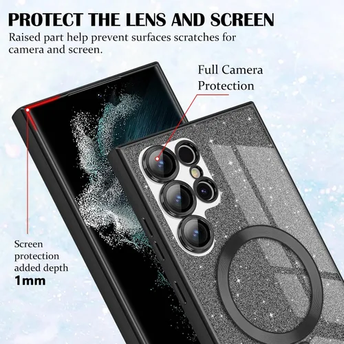 Miniatura 4 de Newseego Funda ultra magnética para Samsung Galaxy S22, funda de lujo con purpurina para mujeres y niñas, protección completa de la lente de la Negro