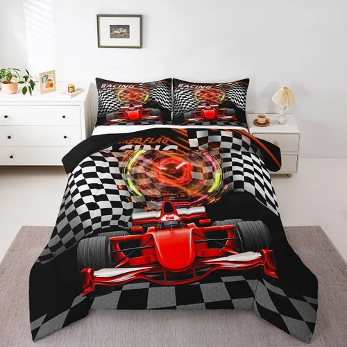 Miniatura 15 de Feelyou Juego de edredón azul de carreras para niños, juego de ropa de cama de coche deportivo para niños y niños, edredón deportivo geométrico a