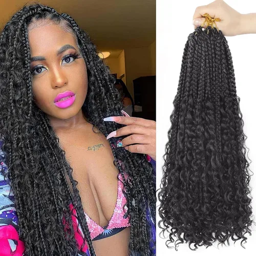 Miniatura 99 de Goddess Box Braids - Trenzas de cabello a ganchillo con extremos rizados, trenzas de caja bohemianas de 16 pulgadas, trenzas de ganchillo, 8 1B-4-30