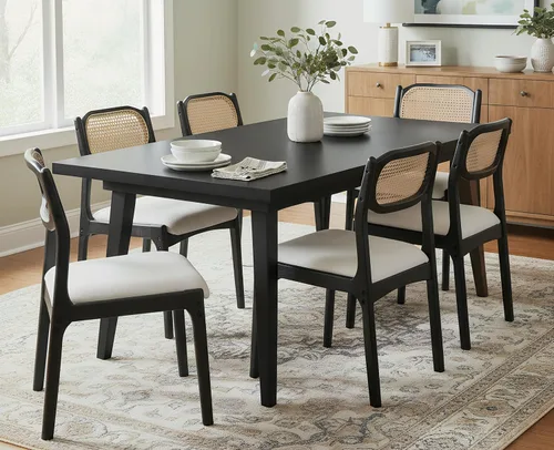 Miniatura 11 de EALSON Juego de 2 sillas de comedor de ratán estilo granja, modernas de mediados de siglo, sillas auxiliares de cocina tapizadas de lino