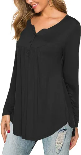 Miniatura 5 de Halife Blusa casual de manga larga con cuello en V para mujer, ajuste holgado, plisada