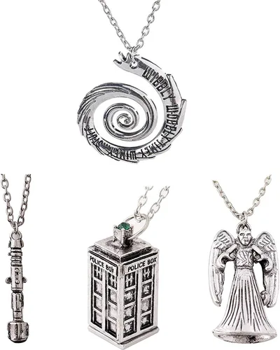 Luomi Doctor Who - Juego de 4 collares diferentes Wibbly Wobbly Timey Wimey Wimey 11th Doctor Sonic Destornillador con acabado de peltre inspirado