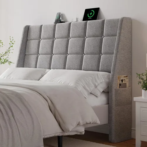 ONBRILL Cabecero tapizado ergonómico de tamaño completo con estación de carga, cabeceros con respaldo de ala de lino con bolsillo de almacenamiento,