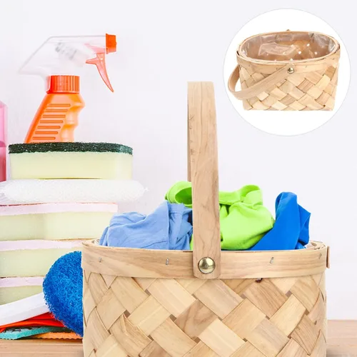 Miniatura 2 de Contenedor de almacenamiento hecho a mano de ratán cesta de almacenamiento tejida con asa para el hogar, camping, boda, mediano