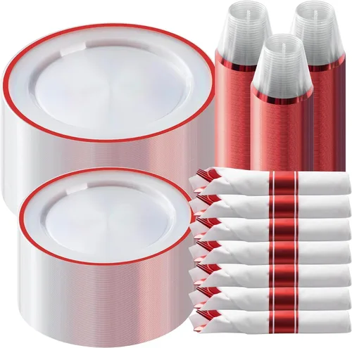 Goodluck Juego de vajilla de plástico rojo de 350 piezas para fiesta, platos desechables transparentes para 50 invitados, incluye: 50 platos de cena