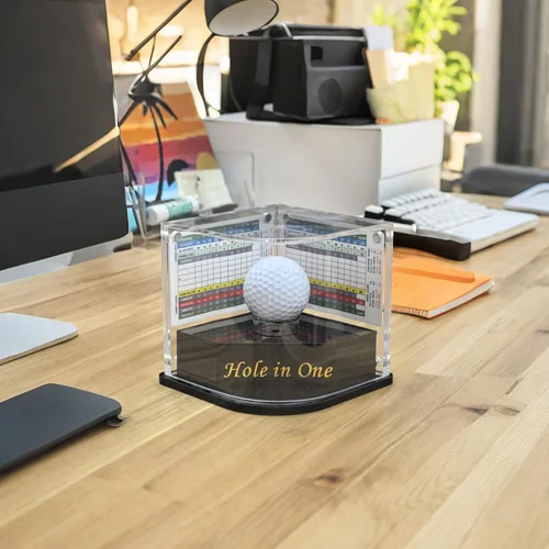 Miniatura 5 de Vitrina de pelotas de golf para golfista agujero en uno. Trono de pelota negra con sello dorado. 2 marcos de fondo en cada lado de la cubierta