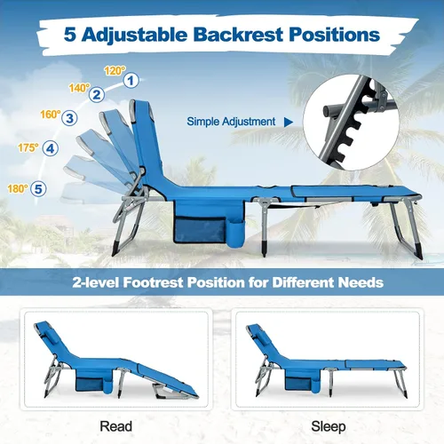 Miniatura 5 de Tangkula Sillón de playa, silla de bronceado plegable al aire libre con agujero para la cara/brazo, 2 asas de transporte, almohada, respaldo Azul
